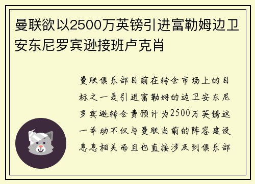 曼联欲以2500万英镑引进富勒姆边卫安东尼罗宾逊接班卢克肖