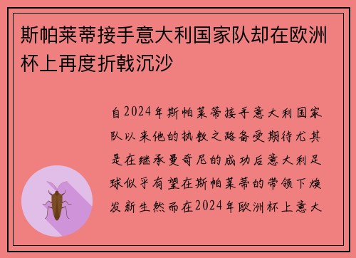 斯帕莱蒂接手意大利国家队却在欧洲杯上再度折戟沉沙 斯帕莱蒂接手意大利国家队却在欧洲杯上再度折戟沉沙